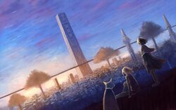  2girls blonde_hair blue_sky brown_hair building capelet cat cityscape commentary_request fantasy giant_tree horizon multiple_girls sakimori_(hououbds) scenery short_hair short_sleeves sitting sky skyscraper standing sunrise tower 