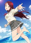  1girl :d barefoot blue_sky blush breasts clouds day feet foreshortening from_side grey_skirt jyura long_hair long_sleeves looking_at_viewer looking_to_the_side love_live! love_live!_school_idol_project love_live!_sunshine!! medium_breasts ocean open_mouth outdoors pleated_skirt redhead sakurauchi_riko school_uniform serafuku skirt sky smile solo uranohoshi_school_uniform yellow_eyes 