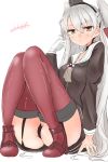  1girl amatsukaze_(kantai_collection) arm_support ass ass_support black_panties brown_eyes choker dated garter_straps gloves hair_tubes highres kantai_collection knees_up long_hair looking_at_viewer neckerchief oputon panties pantyshot pantyshot_(sitting) playing_with_own_hair red_legwear seamed_legwear side-seamed_legwear silver_hair simple_background sitting smokestack_hair_ornament solo thigh-highs thighs twintails twitter_username underwear very_long_hair white_background white_gloves 