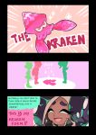 3girls black_gloves black_hair black_skin callie_(splatoon) closed_eyes english_text fingerless_gloves gloves hands_together highres interlocked_fingers kraken_(splatoon) marie_(splatoon) marina_(splatoon) mole mole_under_mouth multiple_girls open_mouth pearl_(splatoon) silhouette smile splatoon splatoon_2 squid tentacle_hair wong_ying_chee