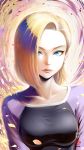  1girl absurdres android_18 blonde_hair blue_eyes breasts dragon_ball dragonball_z hair_over_one_eye highres leaf lips looking_at_viewer medium_breasts short_hair solo tete_(amakuchichiyoko) upper_body 
