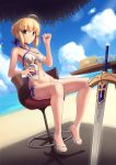  1girl absurdres ahoge artoria_pendragon_(all) artoria_pendragon_(swimsuit_archer) bikini blonde_hair boa_(4chan) braid breasts clouds day eating excalibur fate/grand_order fate/stay_night fate_(series) feet green_eyes highres looking_at_viewer navel saber smile solo swimsuit toes water_gun white_bikini 