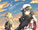  2girls abukuma_(kantai_collection) ammunition_belt back beret black_serafuku blonde_hair brown_gloves cape double_bun earrings eyepatch gloves green_eyes green_hair hat heart heart_earrings jewelry kantai_collection kiso_(kantai_collection) long_hair midriff miniskirt multiple_girls neckerchief pauldrons red_neckerchief remodel_(kantai_collection) rigging school_uniform serafuku short_hair short_sleeves skirt smile twintails white_skirt yuihira_asu 