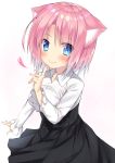  1girl absurdres animal_ears blue_eyes cat_ears commentary_request go-1 highres looking_at_viewer original pink_hair pleated_skirt school_uniform short_hair simple_background skirt smile solo white_background 