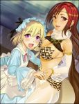  2girls :d bare_shoulders bikini blonde_hair blush breasts character_request circlet cleavage copyright_request earrings hand_holding hoop_earrings jewelry large_breasts long_hair looking_at_viewer multiple_girls navel open_mouth oretoreon red_eyes redhead see-through sideboob smile swimsuit violet_eyes 