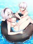  1boy 1girl absurdres aki663 bikini blue_eyes breasts choker cleavage closed_mouth eyebrows_visible_through_hair flower hair_between_eyes hair_flower hair_ornament hairband halterneck highres large_breasts looking_at_viewer mole mole_under_mouth navel nier_(series) nier_automata outdoors partially_submerged reclining short_hair smile string_bikini swimsuit water wet white_bikini yorha_no._2_type_b yorha_no._9_type_s 