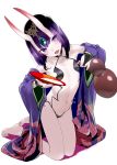  1girl bare_legs bare_shoulders barefoot breasts cup fate/grand_order fate_(series) forehead_jewel full_body gourd head_tilt holding horns japanese_clothes kimono kneeling looking_at_viewer mochi_(circle_rin) navel oni_horns purple_hair purple_kimono sakazuki shuten_douji_(fate/grand_order) simple_background small_breasts solo violet_eyes white_background 