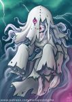 1girl artist_name barefoot covered_face floating ghost lightning long_hair maxa&#039; messy_hair original pale_skin red_eyes sleeves_past_wrists stitches white_hair 