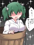  1girl ^_^ alternate_breast_size breasts bucket closed_eyes eyebrows_visible_through_hair green_hair hair_bobbles hair_ornament hammer_(sunset_beach) hand_rest heart in_bucket in_container kisume long_hair long_sleeves open_mouth shaded_face smile solo sparkle_background spoken_heart touhou translation_request two_side_up upper_body wooden_bucket 