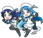  &gt;:d 2girls :d adapted_costume alternate_costume black_gloves black_hair black_legwear blue_eyes blue_hair blush_stickers cape chibi elbow_gloves gloves gradient_hair green_eyes hair_flaps hat kantai_collection long_hair looking_at_viewer low_twintails multicolored_hair multiple_girls open_mouth sailor_hat samidare_(kantai_collection) school_uniform serafuku smile suzukaze_(kantai_collection) thigh-highs twintails yokoshima_(euphoria) zettai_ryouiki 