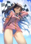  1girl arm_up bangs black_ribbon blue_sky blue_swimsuit brown_eyes brown_hair checkered checkered_flag clouds cloudy_sky crown day drawstring earrings eyebrows_visible_through_hair fate/grand_order fate_(series) floating_hair from_below fur-trimmed_hood fur_trim grin hair_ribbon hand_in_hair haruato highleg highleg_swimsuit highres holding holding_flag hood hoodie hoop_earrings ishtar_(fate/grand_order) jewelry long_hair long_sleeves looking_at_viewer no_pants outdoors pink_hoodie pocket ribbon sky smile solo standing swimsuit swimsuit_under_clothes thighs tohsaka_rin two_side_up very_long_hair wind 