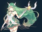  1girl alternate_costume animal_ears artist_name bare_shoulders character_name gloves green_eyes green_hair green_skirt highres horn league_of_legends long_hair misononeko skirt solo soraka staff standing star_guardian_soraka very_long_hair white_gloves 