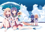  4girls barefoot blonde_hair blue_hair blush boots breasts brown_eyes eyebrows_visible_through_hair flower furutani_himawari hair_ornament hairband hairclip highres holding holding_hand holding_umbrella large_breasts looking_at_viewer medium_hair multiple_girls oomuro_sakurako parted_lips puddle sitting smile sunflower takahero umbrella water_drop yuru_yuri 