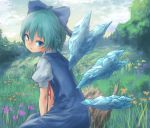  1girl arms_between_legs blue_dress blue_eyes blue_hair bow cirno clouds cloudy_sky day dress flower from_side hair_bow hollow_log looking_at_viewer meadow outdoors puffy_short_sleeves puffy_sleeves ribbon roke_(taikodon) short_hair short_sleeves sitting sky solo touhou tree wings 