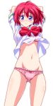  1girl arms_behind_back bangs blouse blue_eyes blush bow bow_panties bra closed_mouth collared_blouse cowboy_shot crotch_seam eyebrows_visible_through_hair frilled_bra frilled_panties frills hibikino_high_school_uniform highres hinomoto_hikari kikuchi_tsutomu lace lace-trimmed_panties looking_at_viewer mole mole_under_eye navel no_pants panties pink_bra pink_panties red_bow redhead school_uniform short_hair short_sleeves simple_background solo standing sweatdrop tokimeki_memorial tokimeki_memorial_2 underwear upshirt white_background white_blouse 