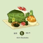  artist_name cake food fox fruit green green_background nadia_kim no_humans plate strawberry tagme 