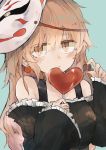  1girl alternate_costume bangs black_dress breasts chocolate commentary_request dress earrings expressionless fox_mask hata_no_kokoro heart heart_earrings holding jewelry long_hair long_sleeves looking_at_viewer mask medium_breasts pink_eyes pink_hair solo touhou underwear zairen 