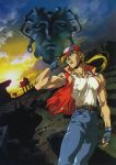  2boys 90s adjusting_clothes adjusting_hat denim fatal_fury fingerless_gloves gloves hat highres jacket jeans laocorn_gaudemus multiple_boys official_art oobari_masami open_clothes open_jacket outdoors pants ruins serious shirt sleeveless_jacket sunset t-shirt terry_bogard 