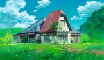  blue_sky building clouds cloudy_sky commentary_request day door grass highres hosoi_mikio house no_humans outdoors palm_tree path photoshop plant porch power_lines road scenery sky studio_ghibli tree utility_pole window 