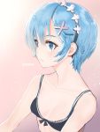  1girl artist_name bangs bare_arms bare_shoulders black_bra black_hairband blue_eyes blue_hair bra breasts collarbone damda eyelashes flower hair_between_eyes hair_flower hair_ornament hairband hairclip looking_away maid_headdress pink_background re:zero_kara_hajimeru_isekai_seikatsu rem_(re:zero) short_hair small_breasts solo underwear upper_body x_hair_ornament 