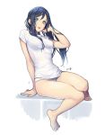  1girl amagi_(mczk) arm_support bare_legs barefoot blue_eyes blue_hair bra breasts hair_over_breasts hair_tucking long_hair medium_breasts open_mouth original panties see-through shirt simple_background sitting smile solo t-shirt underwear wet wet_clothes wet_shirt white_background white_panties 