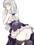  1girl ass bangs bare_shoulders black_dress black_legwear blunt_bangs blush breasts dress eyebrows_visible_through_hair facial_mark from_behind girls_frontline green_eyes grey_hair hands_up hk416_(girls_frontline) hona_(pixiv7939518) large_breasts legs_together long_hair looking_at_viewer looking_back open-back_dress panties parted_lips petticoat silver_hair simple_background solo teardrop thigh-highs thighs torn_clothes torn_thighhighs underwear white_background white_panties 