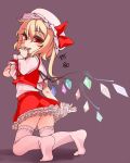  blonde_hair flandre_scarlet frilled_skirt frills full_body hair_between_eyes hat hat_ribbon kneehighs looking_at_viewer mob_cap puffy_short_sleeves puffy_sleeves red_eyes red_ribbon red_skirt ribbon shamo_(koumakantv) short_sleeves simple_background skirt skirt_set solo teeth thigh-highs touhou white_legwear wings wrist_cuffs 