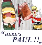  1boy 1girl absurdres axe blonde_hair coat fate/grand_order fate_(series) hat here&#039;s_johnny! highres parody paul_bunyan_(fate/grand_order) sakata_kintoki_(fate/grand_order) satomisena short_hair smile sunglasses the_shining weapon yellow_eyes 