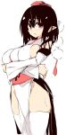  1girl black_hair breast_hold breasts crossed_arms detached_sleeves hat kamukamu_(ars) large_breasts pelvic_curtain pointy_ears pom_pom_(clothes) red_eyes sash shameimaru_aya sidelocks simple_background sketch solo standing sweat thigh-highs tokin_hat touhou white_background white_legwear 