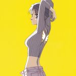  1girl arms_up blue_eyes brown_hair clothes_writing denim hat highres jeans kanzaki_hitomi long_sleeves midriff official_art pants short_hair simple_background solo tenkuu_no_escaflowne unbuttoned_pants wing_print yellow_background yuuki_nobuteru 