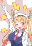  1girl ;d blonde_hair commentary_request dragon_girl dragon_horns elbow_gloves female gloves highres horns kobayashi-san_chi_no_maidragon long_hair looking_at_viewer maid maid_headdress one_eye_closed open_mouth orange_eyes slit_pupils smile solo tooru_(maidragon) twintails v white_gloves yokoshima_(euphoria) 