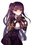  1girl asymmetrical_bangs bangs black_dress black_gloves blush breasts closed_mouth collared_shirt cowboy_shot dress eyebrows_visible_through_hair fingers_together girls_frontline gloves hair_ribbon hanato_(seonoaiko) hands_up large_breasts light_frown long_hair looking_at_viewer military military_uniform nose_blush one_side_up own_hands_together purple_hair purple_ribbon red_eyes ribbon shirt simple_background solo tsundere tsurime twitter_username uniform very_long_hair wa2000_(girls_frontline) white_background white_shirt 
