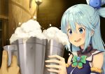  1girl alcohol ame. aqua_(konosuba) bare_shoulders beer blue_eyes blue_hair breasts commentary cup detached_sleeves hair_ornament hair_rings holding holding_cup indoors kono_subarashii_sekai_ni_shukufuku_wo! long_hair medium_breasts open_mouth smile solo_focus very_long_hair 