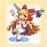  1girl bangs bikini blonde_hair blue_ribbon bow bracelet eyebrows_visible_through_hair flat_chest front-tie_bikini front-tie_top hair_bow halter_top halterneck horn_bow horn_ribbon horns ibuki_suika jewelry kumamoto_(bbtonhk2) long_hair looking_at_viewer lowres navel open_mouth outstretched_arm pixel_art red_bow ribbon smile solo swimsuit touhou very_long_hair wading water white_bikini white_bow yellow_eyes 