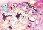  2girls bangs bare_shoulders bed bed_sheet black_ribbon blush breasts character_doll commentary_request dot_nose euryale eyebrows_visible_through_hair fate/grand_order fate/hollow_ataraxia fate_(series) feet_out_of_frame frills hairband heart heart_pillow interlocked_fingers jewelry legband lolita_hairband long_hair looking_at_viewer lying medium_breasts multiple_girls on_back on_bed open_mouth outstretched_arm pillow purple_hair ribbon rider ring smile stheno stuffed_toy suzune_rena take_your_pick twintails violet_eyes wristband 