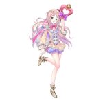  1girl ankle_boots atelier_(series) atelier_meruru bangs blue_eyes boots breasts cape commentary_request crown detached_sleeves dress eyebrows_visible_through_hair floral_print frills full_body kishida_mel medium_breasts merurulince_rede_arls one_leg_raised open_mouth pink_hair ribbon short_dress skirt smile solo staff transparent_background white_bloomers yellow_skirt 
