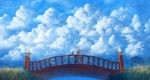  1girl blue_dress blue_sky boots bridge cat clouds cloudy_sky commentary_request dress grass highres leaning long_hair original railing river sakimori_(hououbds) scenery skirt sky 