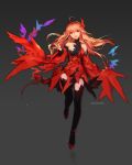  1girl :d ahoge black_legwear detached_sleeves dress full_body gradient gradient_background hair_between_eyes highres long_hair open_mouth original red_dress red_eyes reflective_floor simple_background smile solo swd3e2 thigh-highs turtleneck_dress wide_sleeves 