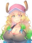  1girl baseball_cap blonde_hair breasts cleavage dragon_girl dragon_horns gradient_hair green_hair hat heterochromia highres horns kobayashi-san_chi_no_maidragon large_breasts long_hair multicolored_hair quetzalcoatl_(maidragon) smile solo tank_top 