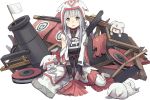 armor blush cannon fang fingerless_gloves flag gloves grey_eyes hat inuyama_(oshiro_project) long_hair looking_at_viewer nanashina official_art open_mouth oshiro_project silver_hair sitting white_flag 