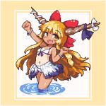  1girl bangs bikini blonde_hair blue_ribbon bow bracelet breasts eyebrows_visible_through_hair flat_chest front-tie_top hair_bow halter_top halterneck horn_bow horn_ribbon horns ibuki_suika jewelry kumamoto_(bbtonhk2) long_hair looking_at_viewer lowres navel outstretched_arm pixel_art red_bow ribbon smile solo swimsuit tan tanline touhou very_long_hair wading water white_bikini white_bow yellow_eyes 