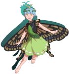  1girl antennae bangs barefoot blue_hair blunt_bangs brown_eyes butterfly_wings dress eternity_larva green_dress leaf leaf_on_head looking_at_viewer mefomefo open_mouth outstretched_arms short_hair short_sleeves solo touhou wings yellow_eyes 