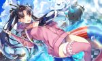  1girl bangs black_hair blue_sky blurry checkered checkered_flag clouds cloudy_sky collarbone cow day depth_of_field earrings fate/grand_order fate_(series) floating_hair fur-trimmed_legwear fur_trim hamada_pochiwo holding hoop_earrings horse innertube ishtar_(fate/grand_order) jewelry long_hair looking_at_viewer ocean outdoors parted_bangs pink_legwear red_eyes single_thighhigh sky solo sparkle swimsuit thigh-highs thighs tohsaka_rin two_side_up white_swimsuit 