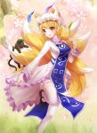  1girl blonde_hair breasts cat_teaser chen chen_(cat) cherry_blossoms dress fox_tail gradient gradient_background grass hat hat_with_ears long_sleeves looking_at_viewer mary_janes medium_breasts miao_miao mob_cap multiple_tails open_mouth petticoat shoes short_hair standing standing_on_one_leg tabard tail tail_grab tassel thigh-highs touhou tree white_dress white_legwear yakumo_ran yellow_eyes 