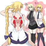  2girls :d arms_at_sides backboob backless_outfit bangs bare_arms bare_shoulders barefoot black_legwear black_necktie blonde_hair blue_bow blush bow braid breasts collared_shirt dual_persona fate/apocrypha fate/grand_order fate_(series) hair_bow jeanne_alter large_breasts long_hair looking_at_another miniskirt multiple_girls multiple_views necktie open_mouth pale_skin platinum_blonde ruler_(fate/apocrypha) shirt sideboob single_braid sitting skirt sleeveless sleeveless_shirt smile squiggle takara_joney tattoo thigh-highs very_long_hair violet_eyes wariza yellow_eyes 