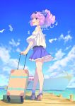  10s 1girl :d aikatsu! aikatsu_stars! bare_shoulders belt bird blouse blue_eyes blue_ribbon blue_skirt blue_sky blush boat bouzu_(bonze) clouds cloudy_sky day drill_hair from_ground full_body hair_ribbon high_heels holding_bag legs looking_at_viewer looking_back ocean open_mouth pier pink_hair puffy_sleeves ribbon rolling_suitcase sakuraba_rola seagull skirt sky smile socks solo standing sunglasses sunglasses_on_head twin_drills watercraft white_blouse 