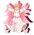  1girl blonde_hair blue_eyes dress facing_viewer fairy_wings floral_print flower hair_flower hair_ornament hat lily_white mefomefo outstretched_arms petals pink_flower pink_shoes shoes solo touhou white_dress white_hat wings 