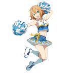 1girl aqua_eyes armpits brown_hair cheerleader full_body hairband highres looking_at_viewer midriff navel official_art open_mouth philia_(sao) pleated_skirt pom_poms shoes short_hair simple_background skirt sneakers solo sword_art_online v-neck white_background 