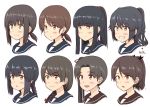  &gt;:) 6+girls :&lt; :d :o ayanami_(kantai_collection) blush bow braid brown_eyes brown_hair commentary_request fubuki_(kantai_collection) green_eyes grin hair_bow hatsuyuki_(kantai_collection) head ichikawa_feesu isonami_(kantai_collection) kantai_collection long_hair miyuki_(kantai_collection) multiple_girls open_mouth ponytail sailor_collar shikinami_(kantai_collection) shirayuki_(kantai_collection) side_ponytail sidelocks simple_background smile translation_request triangle_mouth uranami_(kantai_collection) white_background 