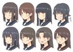  &gt;:) 6+girls :&lt; :d :o ayanami_(kantai_collection) blush brown_eyes brown_hair commentary_request empty_eyes fubuki_(kantai_collection) green_eyes grin hair_down hatsuyuki_(kantai_collection) head ichikawa_feesu isonami_(kantai_collection) kantai_collection long_hair miyuki_(kantai_collection) multiple_girls open_mouth sailor_collar shikinami_(kantai_collection) shirayuki_(kantai_collection) sidelocks simple_background smile translation_request triangle_mouth uranami_(kantai_collection) white_background 